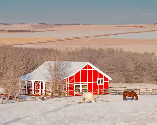 Winter Red Barn Horse Diamond Painting