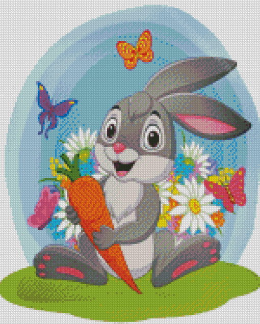 Cartoon Rabbit With Flowers And Carrot Diamond Painting