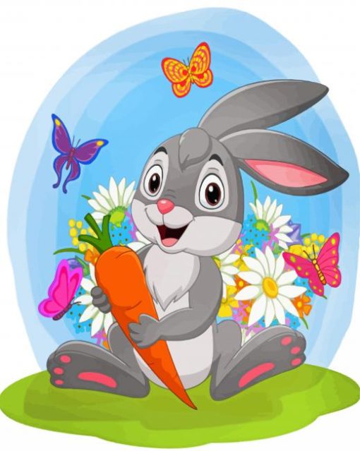 Cartoon Rabbit With Flowers And Carrot Diamond Painting