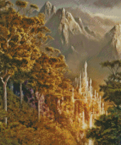 Fantasy Forest Castle With Waterfall Diamond Painting