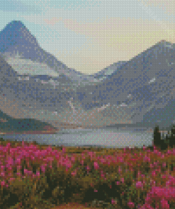 Mount Assiniboine With Pink Flowers Diamond Painting