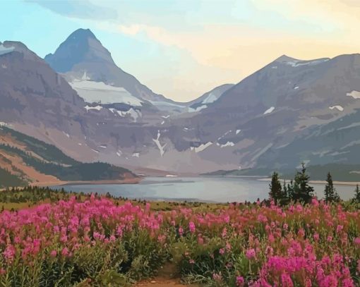 Mount Assiniboine With Pink Flowers Diamond Painting