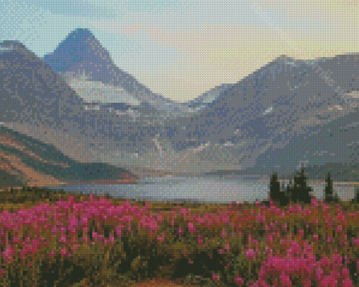 Mount Assiniboine With Pink Flowers Diamond Painting