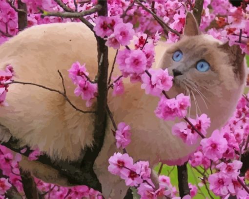 Ragdoll Cat In Cherry Tree Diamond Painting