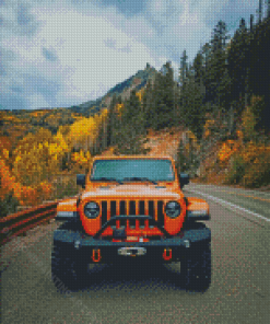 Orange Jeep On Road Diamond Painting