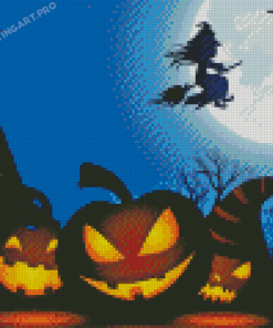 Scary Pumpkins And Witch Silhouette Diamond Painting