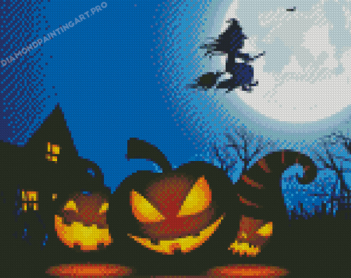 Scary Pumpkins And Witch Silhouette Diamond Painting