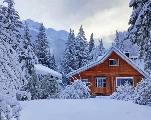 Wooden The Snowfall Forest Cabin Diamond Painting