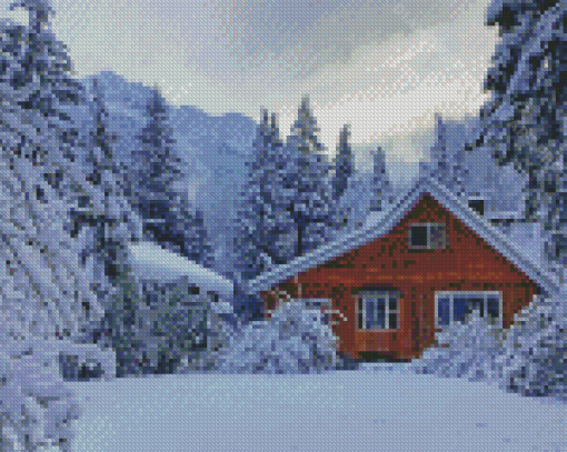 Wooden The Snowfall Forest Cabin Diamond Painting