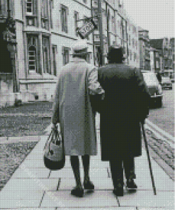 Black And White Old Couple Walking In The City Diamond Painting