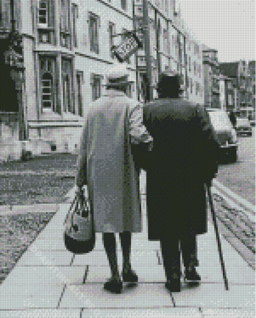 Black And White Old Couple Walking In The City Diamond Painting