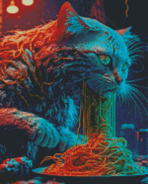 Cat Eating Spaghetti Diamond Painting