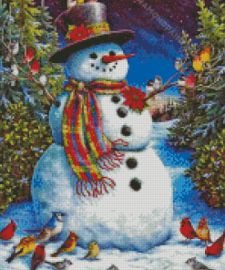 Snowman And Birds Diamond Painting