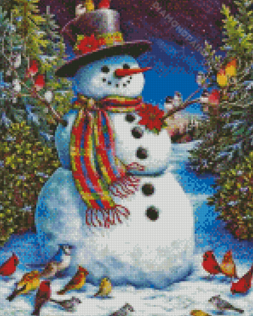 Snowman And Birds Diamond Painting