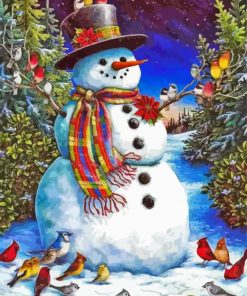 Snowman And Birds Diamond Painting