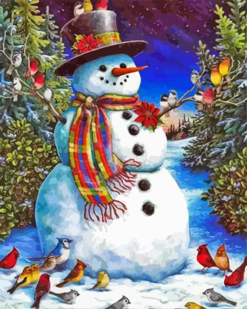 Snowman And Birds Diamond Painting