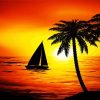 Sunset Beach Boat Palm Trees Diamond Painting