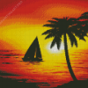 Sunset Beach Boat Palm Trees Diamond Painting