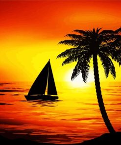 Sunset Beach Boat Palm Trees Diamond Painting