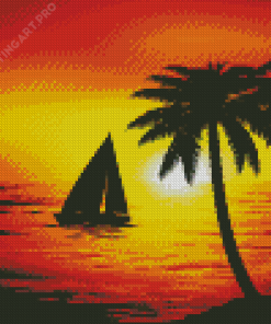 Sunset Beach Boat Palm Trees Diamond Painting