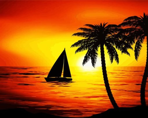 Sunset Beach Boat Palm Trees Diamond Painting