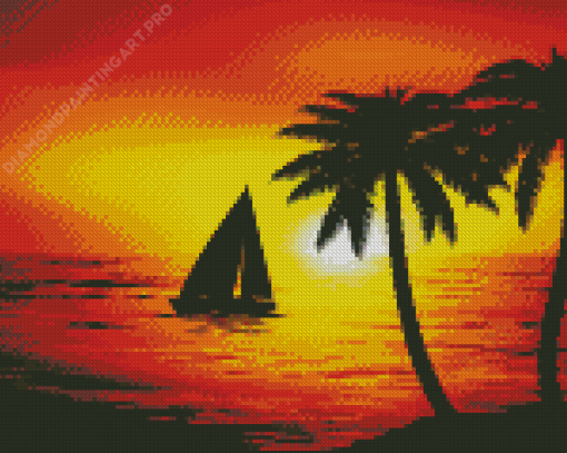 Sunset Beach Boat Palm Trees Diamond Painting