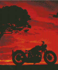 Tree And Motorcycle Sunset Scene Diamond Painting