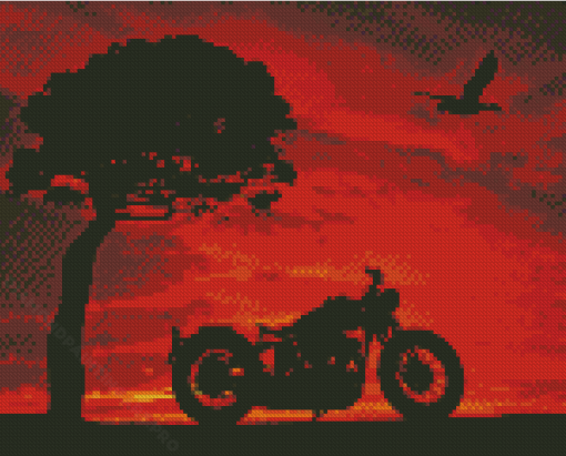 Tree And Motorcycle Sunset Scene Diamond Painting