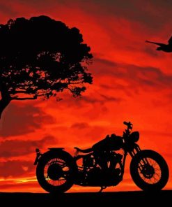 Tree And Motorcycle Sunset Scene Diamond Painting