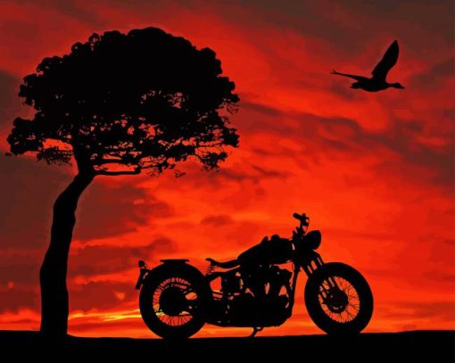 Tree And Motorcycle Sunset Scene Diamond Painting