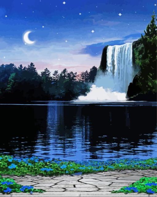 Crescent Moonlight Waterfall Diamond Painting