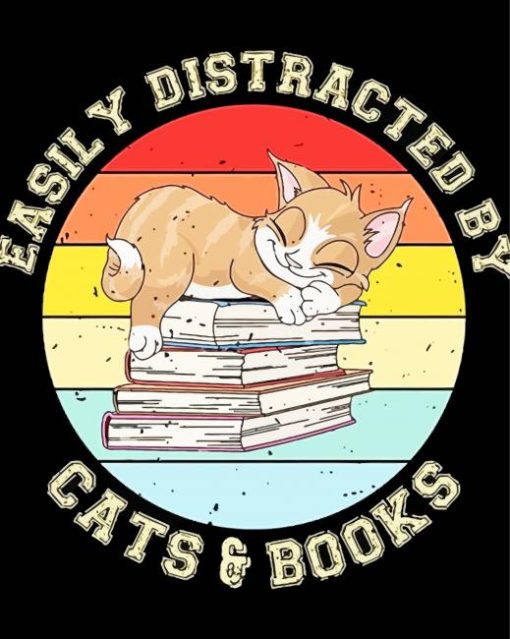 Easily Distracted By Cats And Books Colorful Art Diamond Painting