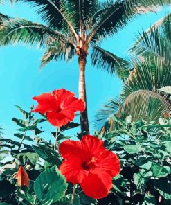 Palms And Red Flowers Diamond Painting