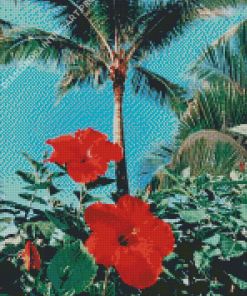 Palms And Red Flowers Diamond Painting