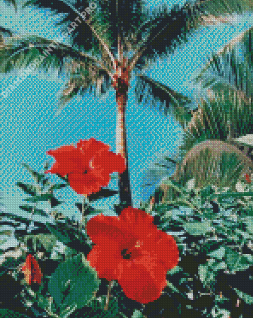 Palms And Red Flowers Diamond Painting