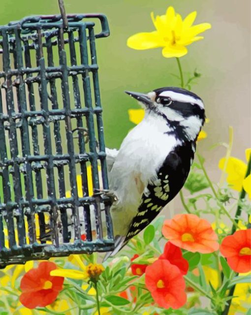 Flowers And Downy Woodpecker On Bird Cage Diamond Painting