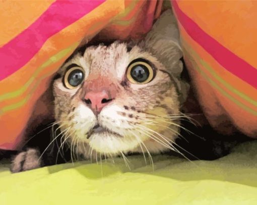 Frightened Cat Under Blanket Diamond Painting