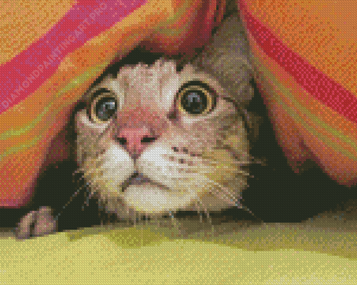 Frightened Cat Under Blanket Diamond Painting