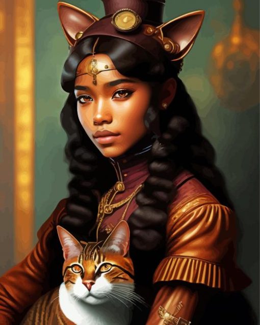 Young African Woman With Cat Diamond Painting