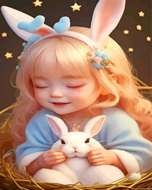 Baby Girl Holding White Bunny Diamond Painting