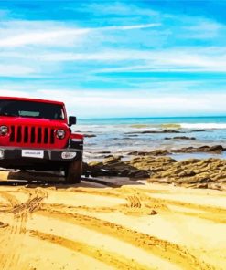 Red Jeep In Beach Diamond Painting