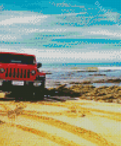 Red Jeep In Beach Diamond Painting