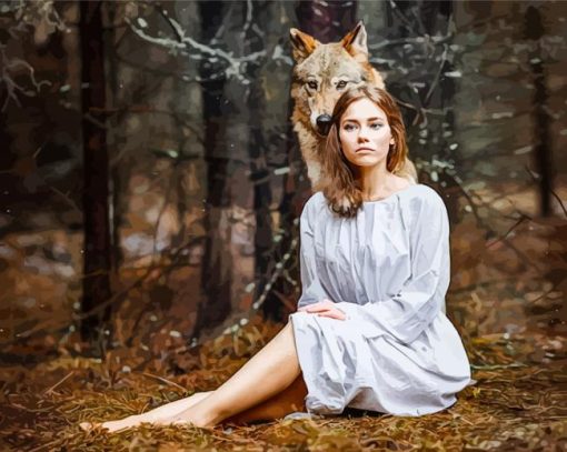 Woman And Wolf In Forest Diamond Painting