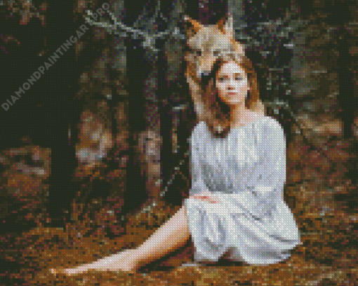 Woman And Wolf In Forest Diamond Painting